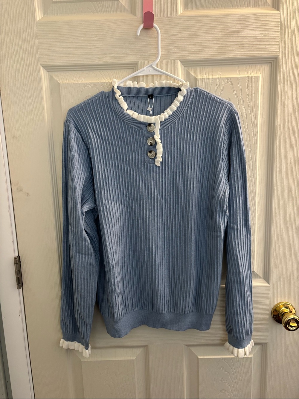 Ruffled Trim Ribbed Knit Sweater - Blue
